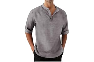MRMAERE 3/4 Length Sleeve Mens Shirts Casual Stylish V Neck Button Up Cotton Linen Henley Shirt Summer Beach Vacation Clothes