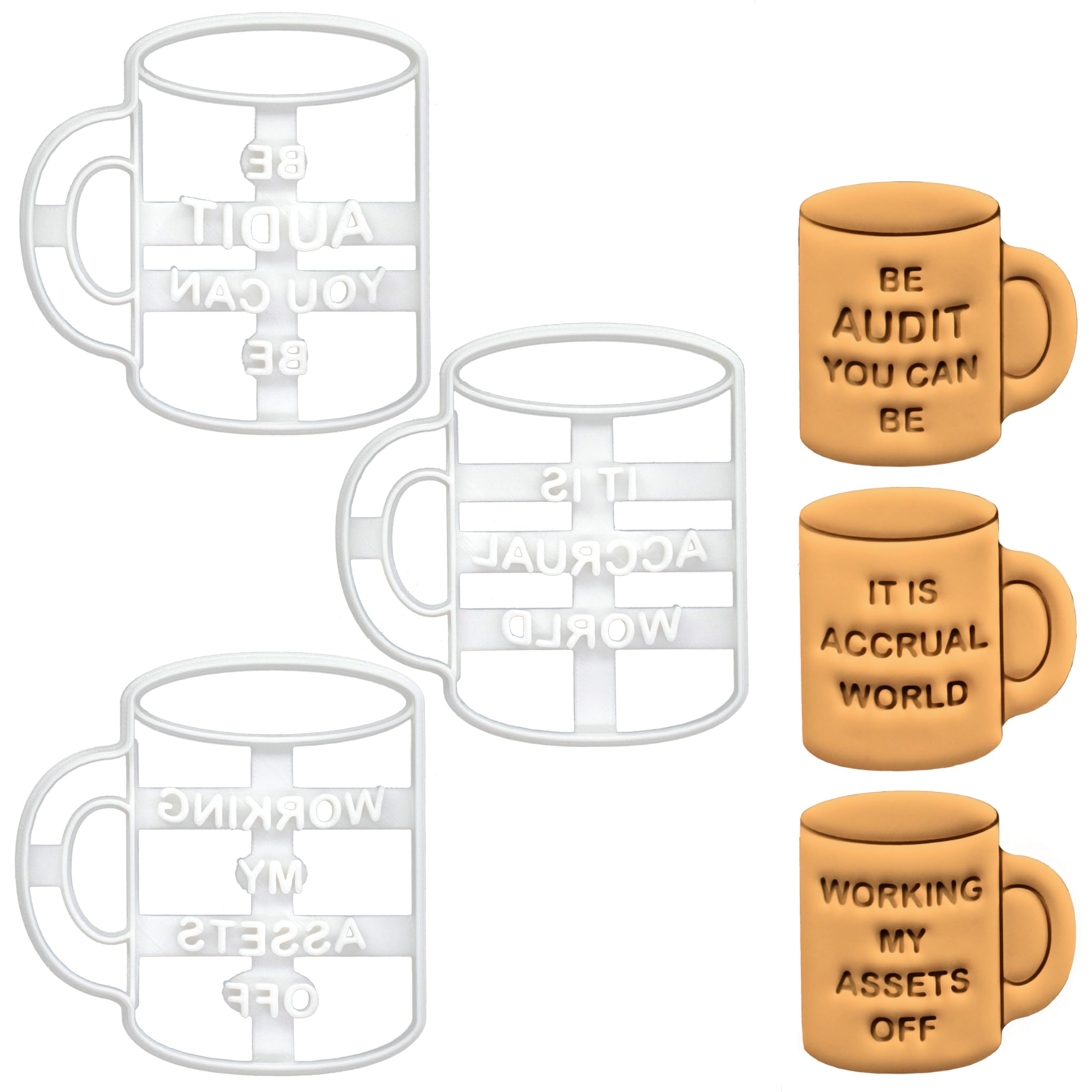 BAKERLOGY Set of 3 Funny Accountant Jokes Mug-Shaped Cookie Cutters (Working My Assets Off, Be Audit You Can Be, It is Accrual World)