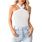 Bodosalia Women Criss Cross Halter Tank Top Solid Ribbed Sleeveless Shirts Summer Casual Basic Cami
