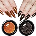 2Pcs Brown Copper Chrome Nail Powder Kit for Nails Shimmer Metallic Mirror Effect Orange Gold Glitter Pigment Powder, Fall Dark Brown Copper Chrome Powder for Gel Nails Polish Design with Tools