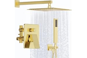 Kurpot Shower System, Gold Shower Faucet Set with Shower Valve and Trim Kit, 12 Inch Rain Shower Head with Handheld Spray, Brushed Gold Shower Head and Handle Set, High Pressure Shower Head System