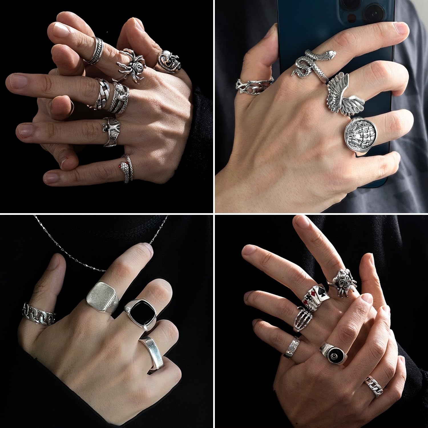 26 Pcs Vintage Silver Punk Rings Set for Men Cool Gothic Chunky Rings Statement Snake Wing Signet Ring Set