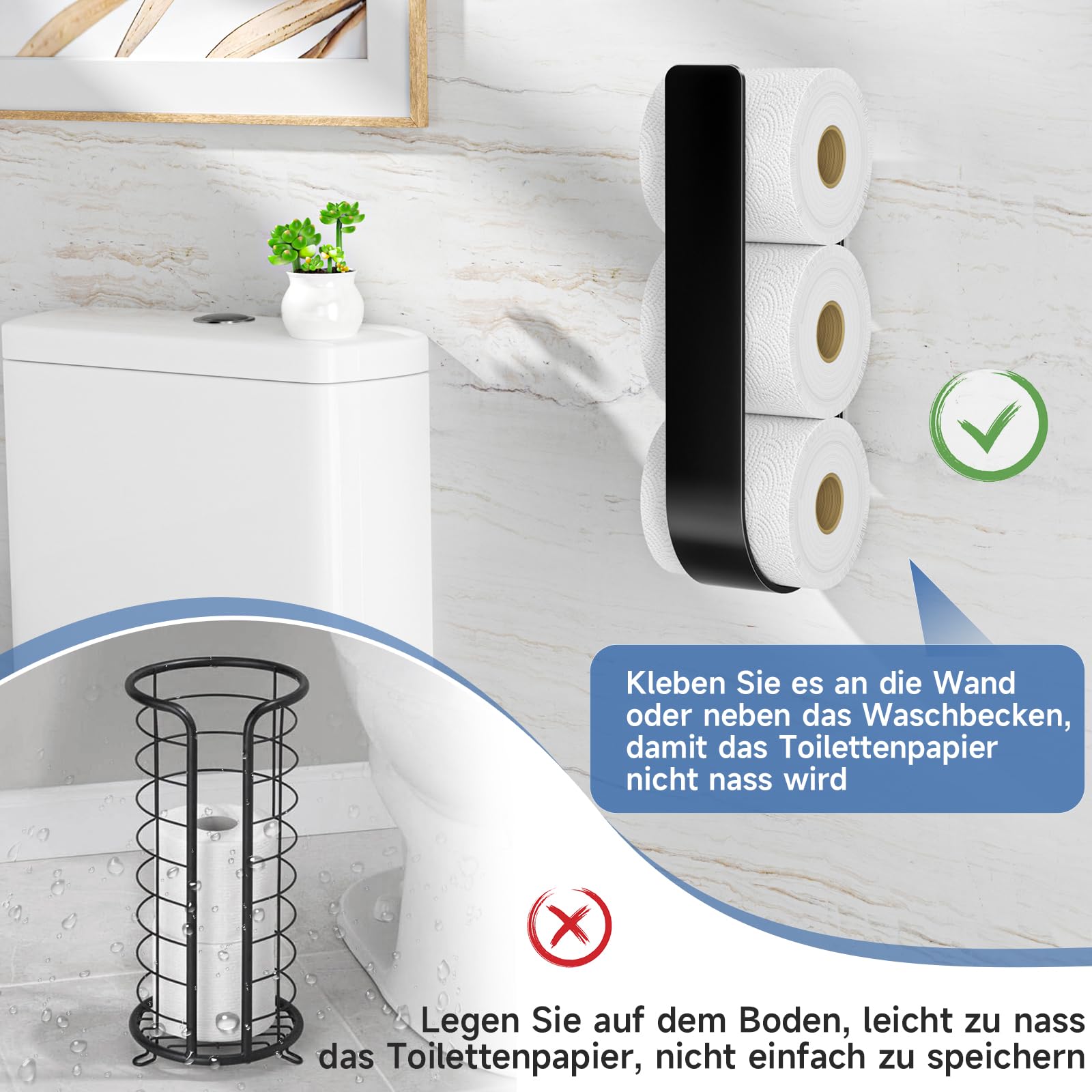 Toilettenpapier Aufbewahrung Schwarz, Selbstklebender Klopapier Aufbewahrung, Toilettenpapierhalter Ohne Bohren, Klorollenaufbewahrung Für 3 Rollen, Ersatzrollenhalter Toilettenpapier 3