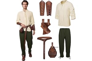 HEWLAUD 6 Pcs Men's Renaissance Costume Halloween Medieval Pirate Costume Set Viking Shirt Banded Pants Belt Accessories Cosplay (Green, Medium)
