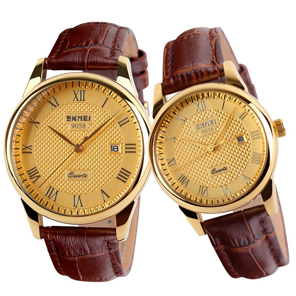 SKMEI Pair Watches for Couples Men and Women His and Hers Watch Set Husband Wife Valentines Matching Wrist Watch Wedding Gifts Waterproof Business Fashion Quartz Analog Calendar, Brown strap+Gold