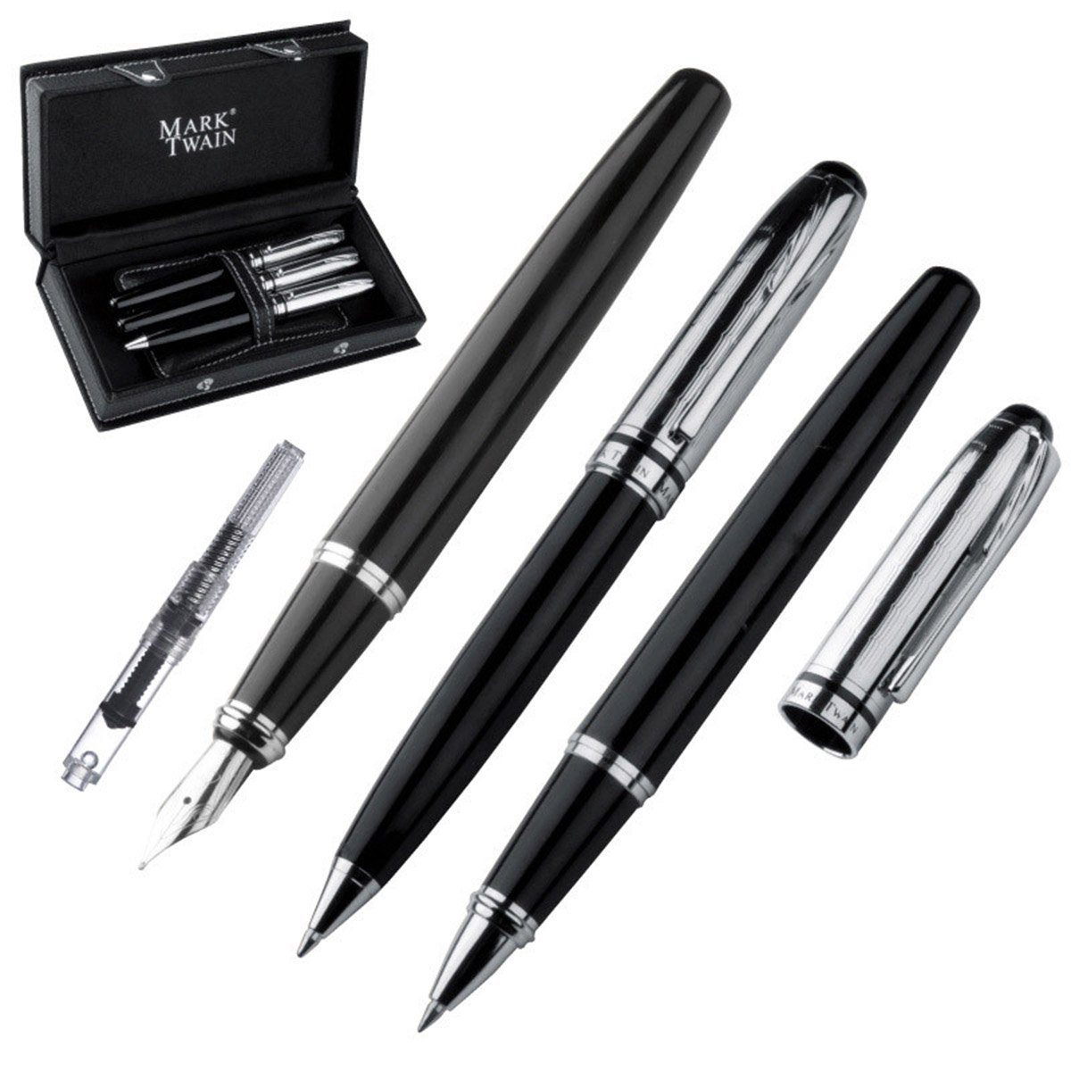 Mark Twain 3 Piece Metal Writing Set Fountain Pen with Converter (Refillable), Ballpoint Pen and Rollerball