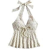 GORGLITTER Women's Lace Trim Tie Front Going Out Tops Swiss Dots Backless Ruffle Hem Summer Halter Vest Top 2025