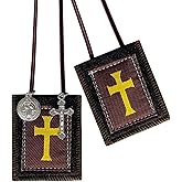 Scapulars Catholic,Brown Scapular Of Cross Design,Escapularios Catolicos Scapular Catholic Gift For First Holy Communion and Confirmation With St Benedict Medal Crucifix Mexican Folk Art Decoration