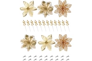 FLORRALIA Poinsettias Artificial Christmas Flowers Decorations - 30 Pcs 3 Styles Artificial Gold Poinsettia Flowers for Christmas Tree,Artificial Holly Berry Stems Fake Poinsettia with Clips for Outdoor Decor