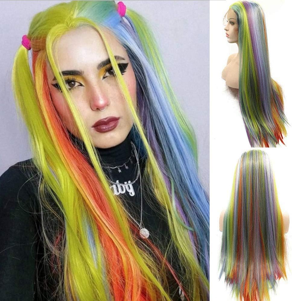 Rainbow Lace Front Wigs for Women Natural Looking Multiple color Long Straight Wig Pre Plucked Hairline Hair Synthetic Hair Rainbow Dash Cosplay Party Wig 26inch