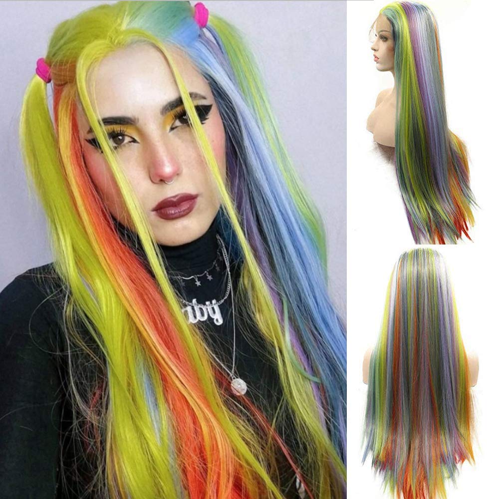Rainbow Lace Front Wigs for Women Natural Looking Multiple color Long Straight Wig Pre Plucked Hairline Hair Synthetic Hair Rainbow Dash Cosplay Party Wig 26inch