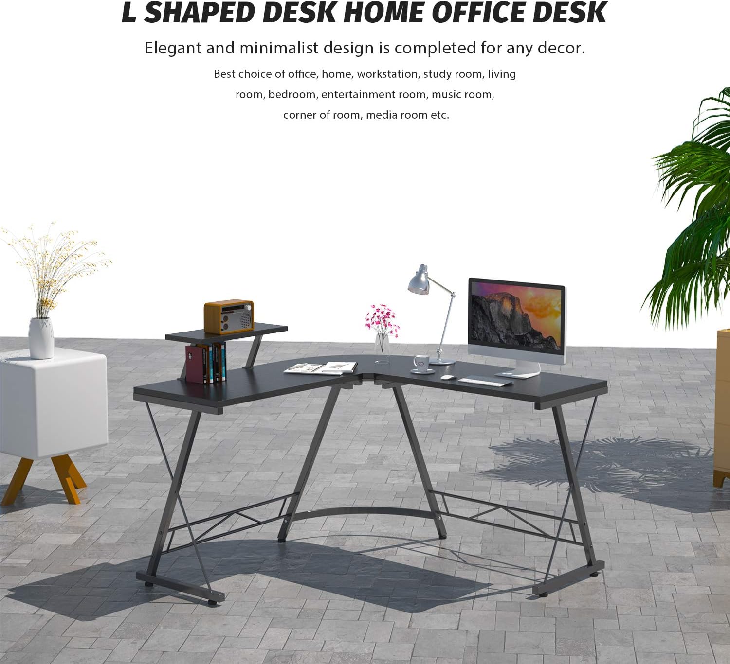 Foxemart L Shaped Desk 50.8" Computer Desk with Round Corner Modern Sturdy Gaming Home Office Desks with Large Monitor Shelf for Office, Workstation, Bedroom, Living Room, Black: Kitchen & Dining