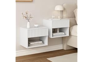 AURINEST Floating Nightstand Set of 2, Wall Mounted Bedside Tables with Fluted Drawer, Small Modern White Night Stand for Bed