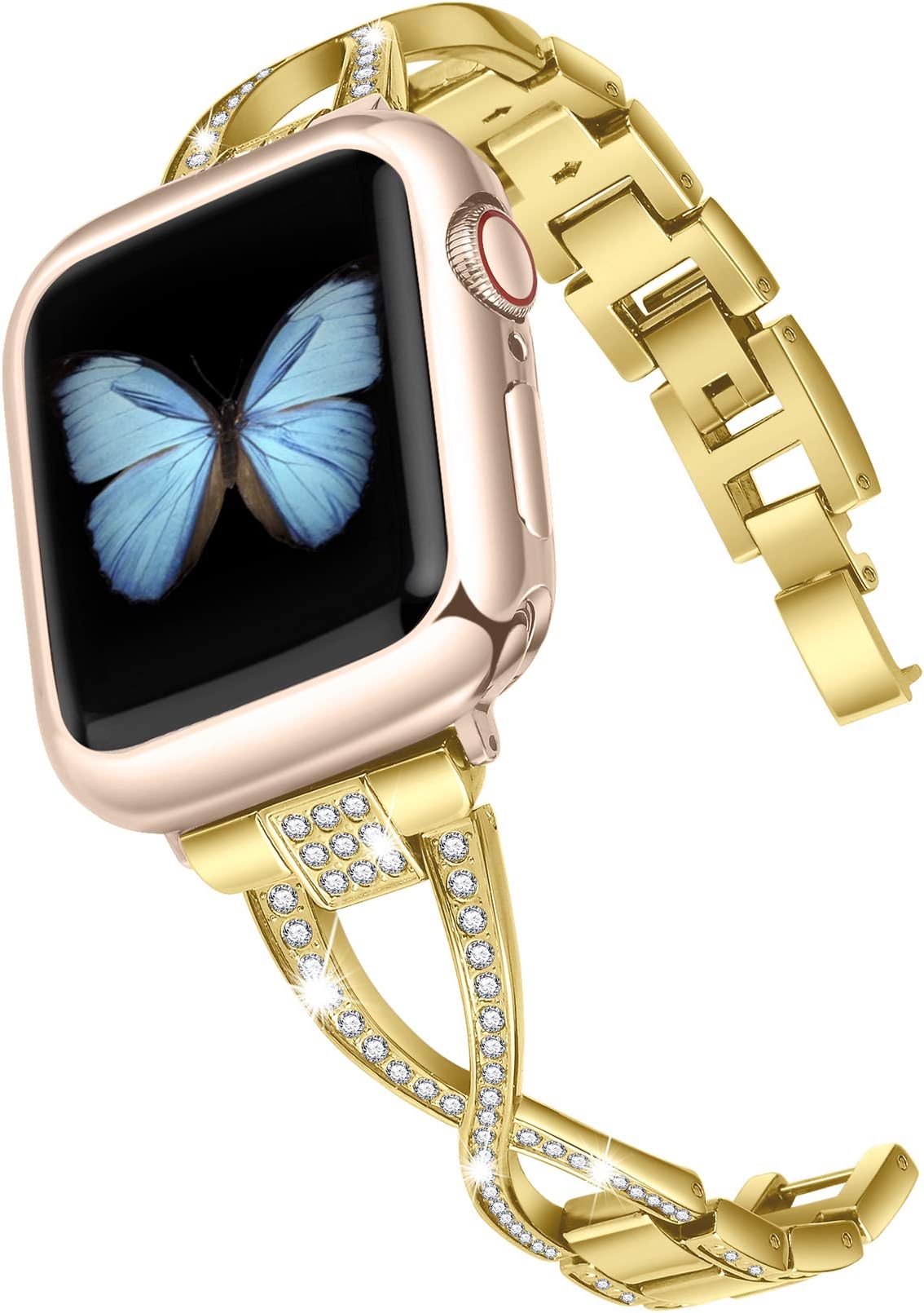 JSGJMY Bling Bands Compatible with Apple Watch Band 38mm 40mm 42mm 44mm Series 5/4/3/2/1 Women Diamond Rhinestone X-Link Metal Jewelry Bracelet(Gold+Rose Gold Adapters, 38mm/40mm)