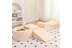 Tiita Foam Climbing Blocks with Small Ball Pit Playground for Baby, Climb and Crawl Playset 5-Piece - Indoor Soft Play Climber for Playtime Fun, Beige