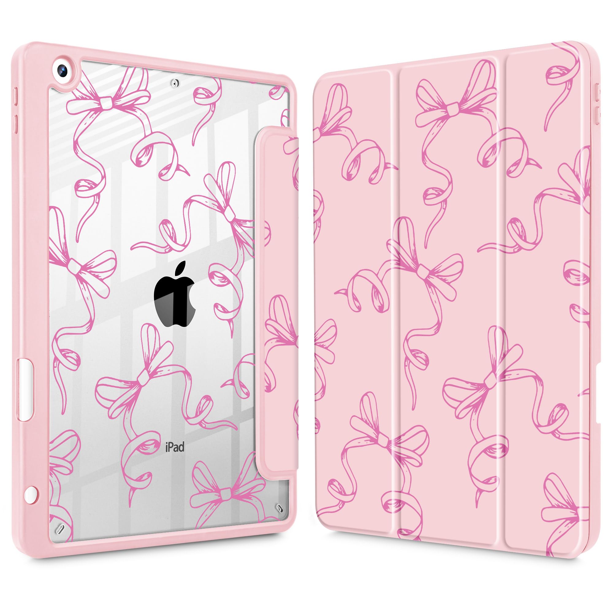Photo 1 of May Chen for iPad 9th Generation with Pencil Holder, iPad 8th/7th Gen Case 10.2-inch, [Penceil Holder] Trifold Stand Auto Wake/Sleep Clear TPU Protection Back Cover, Pink Bows P565