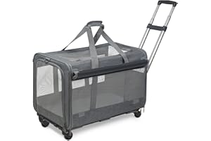GJEASE Large Pet Rolling Carrier with Wheels for Up to 35 LBS, with Durable Handle and Flexible Wheels,Breathable and Collapsible Carrier for Small & Medium Pets