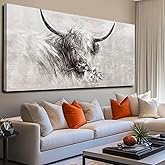 MLART99 Farmhouse Decor Wall Cow Painting Wall Art for Living Room White Flower Wall Decor 29"x 58" Grey Artwork for Bedroom Dining Room Decorations