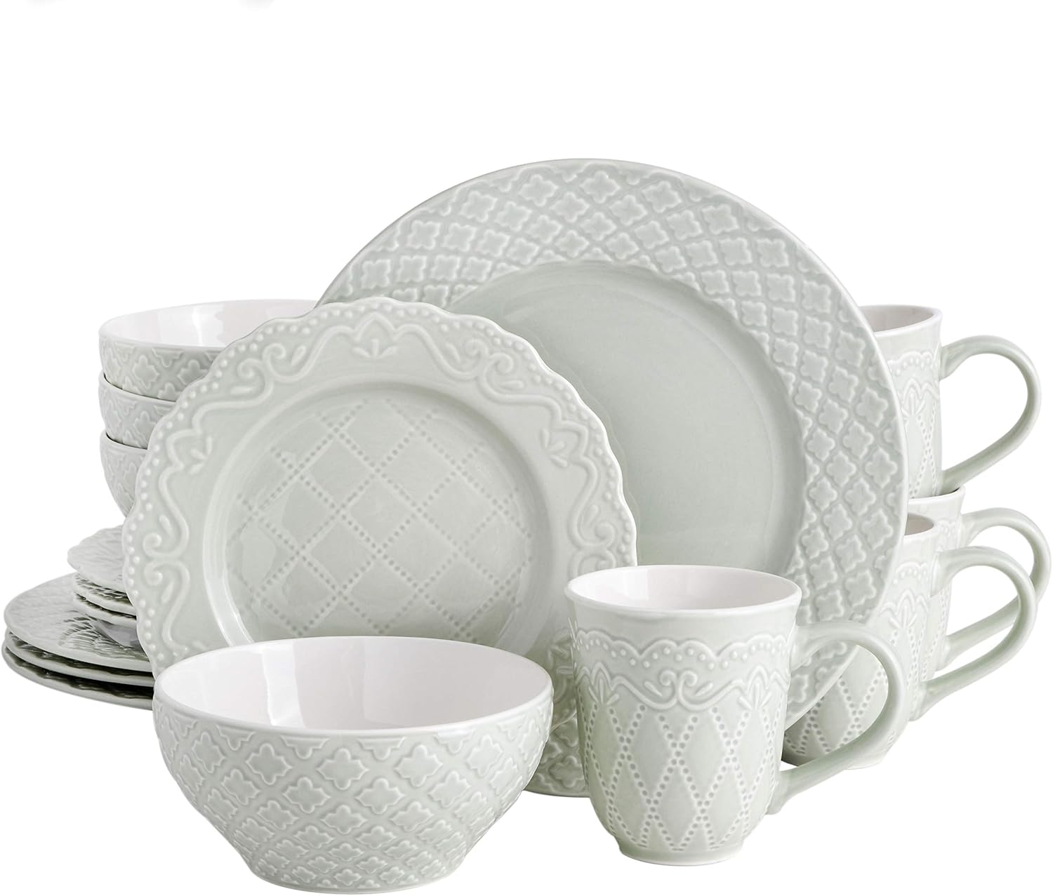 Gibson Home Quilted Eyelet Round Dinnerware Set, Service for Four (16pcs), Celadon