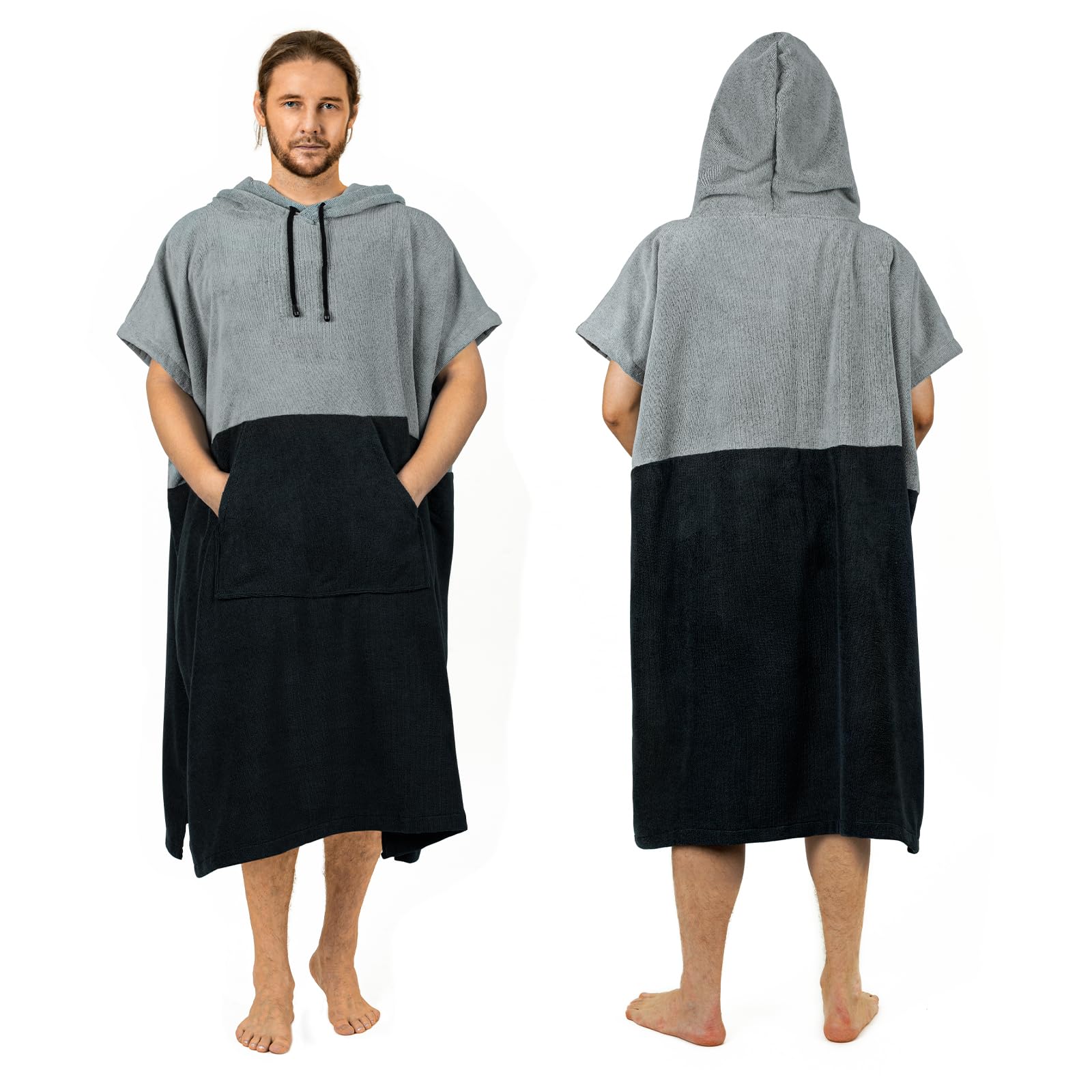 Photo 1 of Zingtto Surf Poncho Changing Robe Extra Large Thick Towel Poncho for Men Women with Hood Pocket for Beach Swimming, 47‘’x37‘’, Black Gray