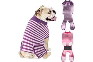 QUEARN 2 Packs Breathable Cotton Dog Recovery Suit for After Neuter Spay Abdominal Wounds Protector, Professional Anti-Licking Onesies for Male Female Pets Surgery Bandages, L Purple & Pink Stripes