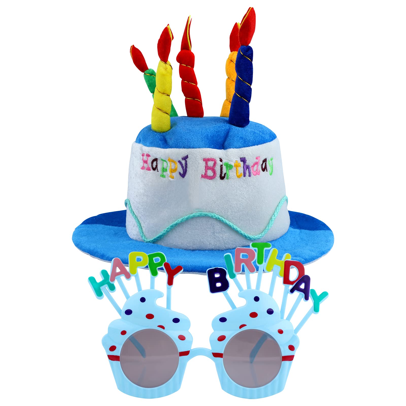 Happy Birthday Cake Hat with Glasses - Plush Blue Birthday Party Hat for Girls & Adults