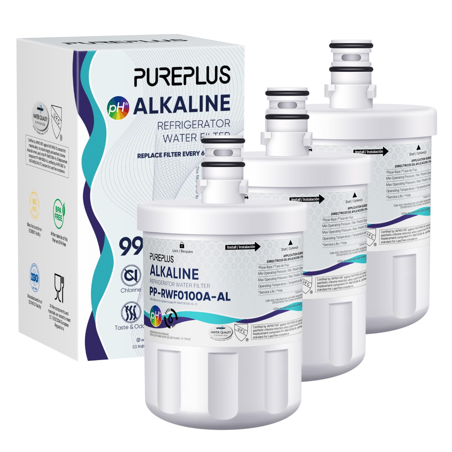 PUREPLUS Alkaline 5231JA2002A Replacement for LG LT500P, ADQ72910901, GEN11042FR-08, Kenmore 9890, 469890, HDX FML-1, ADQ72910907, LSC27925ST, LFX25974ST, LFX25973D, Refrigerator Water Filter, 3Pack Image