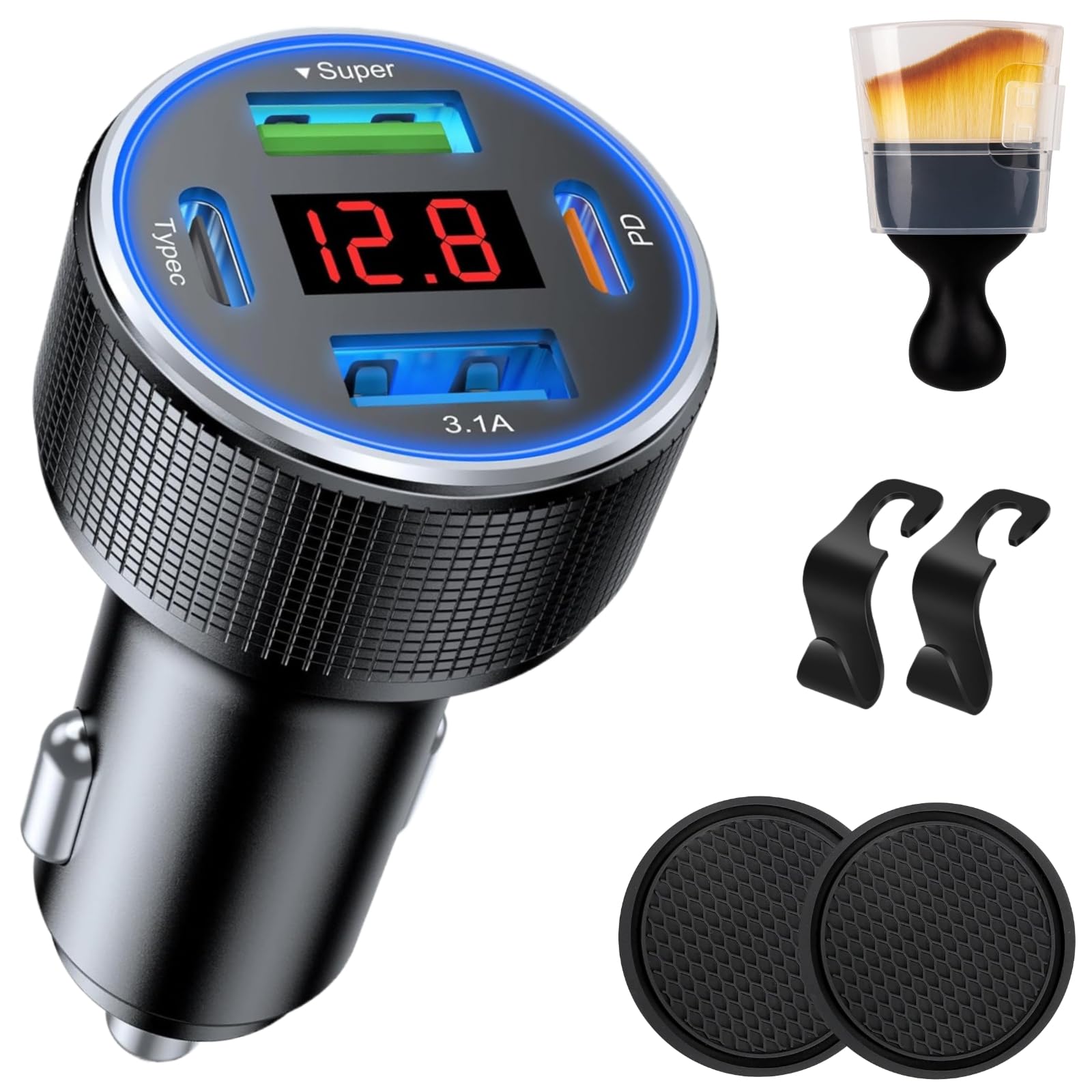 Photo 1 of 131W Car Charger Super Fast Charging Cigarette Lighter USB Phone Accessories Charger Voltmeter Adapter with QC USB c Type c PD Universal Quick Charge Multi 4 Port for 12-24v Car Cigarette Lighter Plug