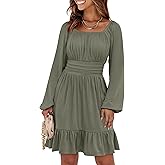 ANRABESS Womens Dress Long Lantern Sleeve Square Neck Elastic Waist Ruffle Flowy Swing A-Line Short Dresses 2025 Fall Fashion