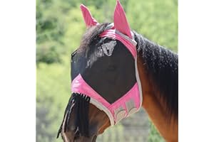 Harrison Howard CareMaster Horse Fly mask with Ears and Nose Fringe Fly Protector Defender Mask Light Pink M Cob