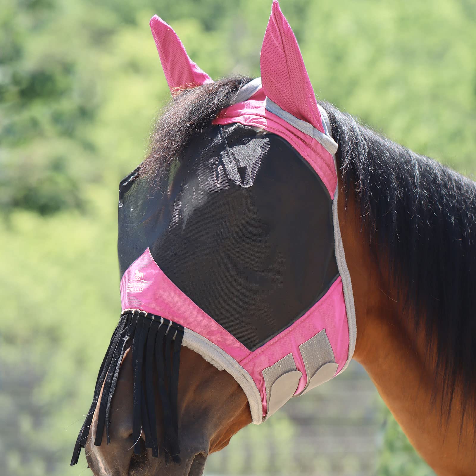 Harrison Howard CareMaster Horse Fly mask with Ears and Nose Fringe Fly Protector Defender Mask Light Pink Full Size — image 1