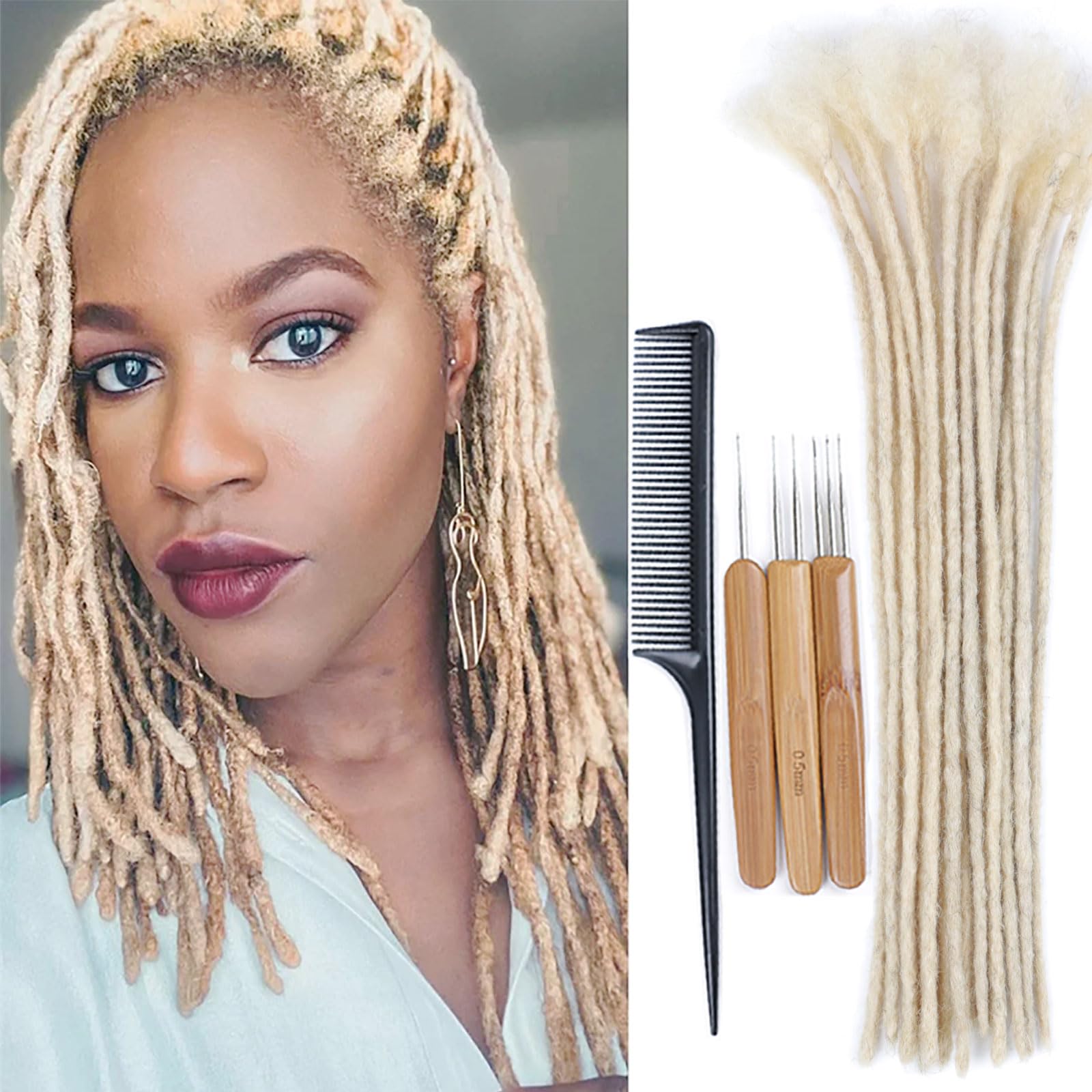 Huarisi 12 Inch Blonde Dreadlock Extensions Human Hair 0.2cm Thin Loc Extensions Real Human Hair for Men Women 20 Strands Full Handmade Permanent Dreadlock Extensions #613 Can Be Curled — image 1