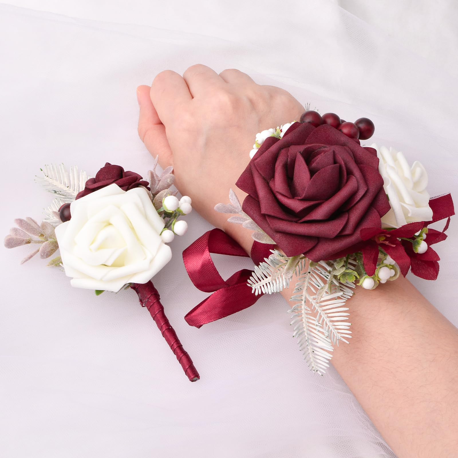 URROMA Wrist Corsage and Boutonniere Set, Dark Wine-red Rose Hand Flower for Prom Artificial Wedding Wrist Corsage for Wedding Party Prom
