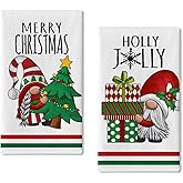 Seliem Merry Christmas Trees Gnome Decorative Kitchen Dish Towel Set of 2, Funny Hello Jolly Xmas Gift Hand Drying Baking Cooking Cloth, Red Green Winter Holiday Decor Home Decoration 18x26 Inch
