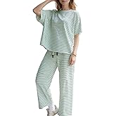 KCVVA Women Striped Sets 2 Piece Oversized Batwing Capelet Crew Neck Pajamas Pullover Top Wide Leg Pants Outfits Lounge Set
