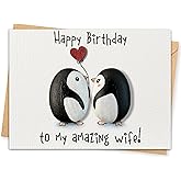MALFIRST Handmade Cute Birthday Card for Wife from Husband, Hand-painted Wife Birthday Card, Penguin Pebble Romantic Gift, Handcrafted Happy Birthday Cards Wifey, Birthday Cards for Wife