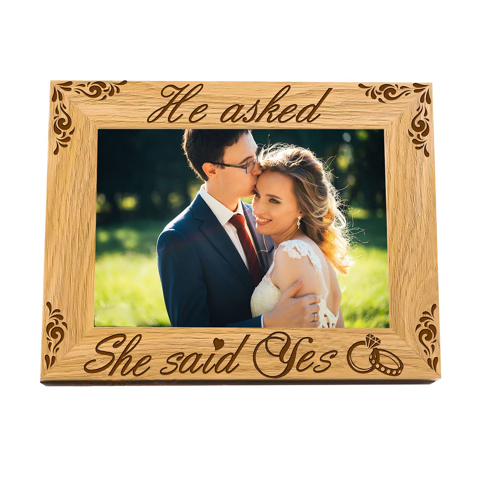 FINGERINSPIRE 15x10cm Engagement Picture Frame Hanging/Tabletop Wood Photo Frame Rectangle Frame with He Asked, She Said Yes Words for Wedding Anniversary (Horizontal)