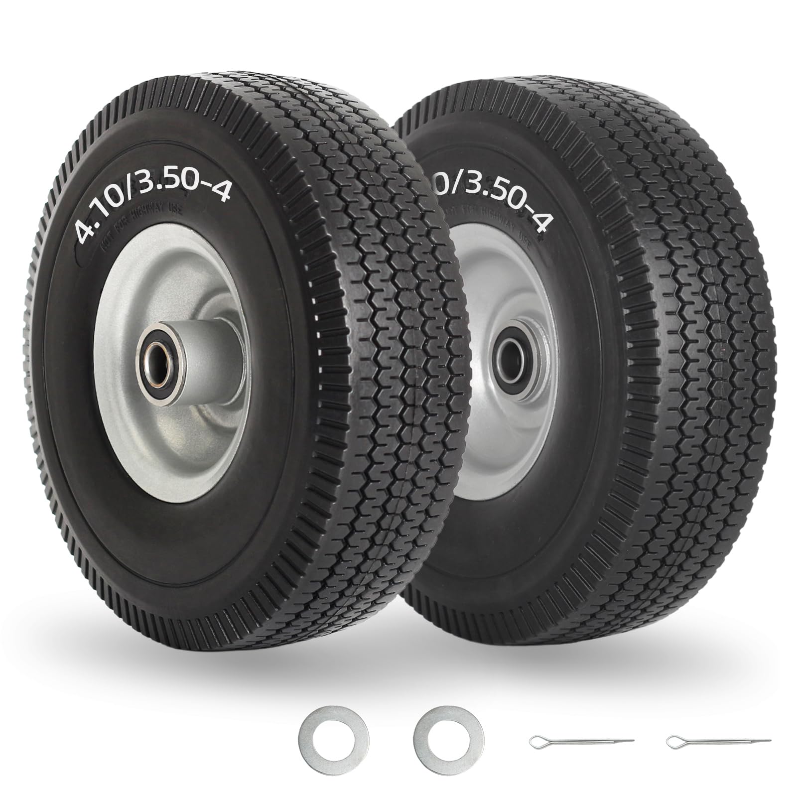 Photo 1 of GICOOL 4.10/3.50-4" Flat Free Tire and Wheel, 10" Solid Tire with 5/8" Axle Bore Hole, 2.2" Offset Hub for Hand Truck Garden Wagon Cart Trolley Dolly Lawn Mover Replacement