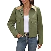AMZANGEL Women's Cropped Zip up Jacket Contrast Collar Long Sleeve Snap Button Oversize Causal Jackets Utility Pockets