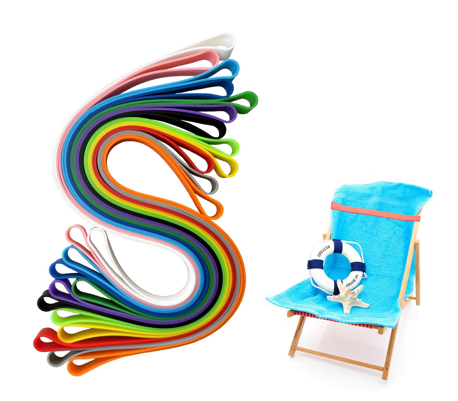 View 1 of 12 Pack Towel Clips for Chairs Cruise, Silicone Towel Bands for Cruise Chairs, Multi-Functional Beach Towel Bands Beach Towel Clips Beach Towel Clips for Pool Chairs