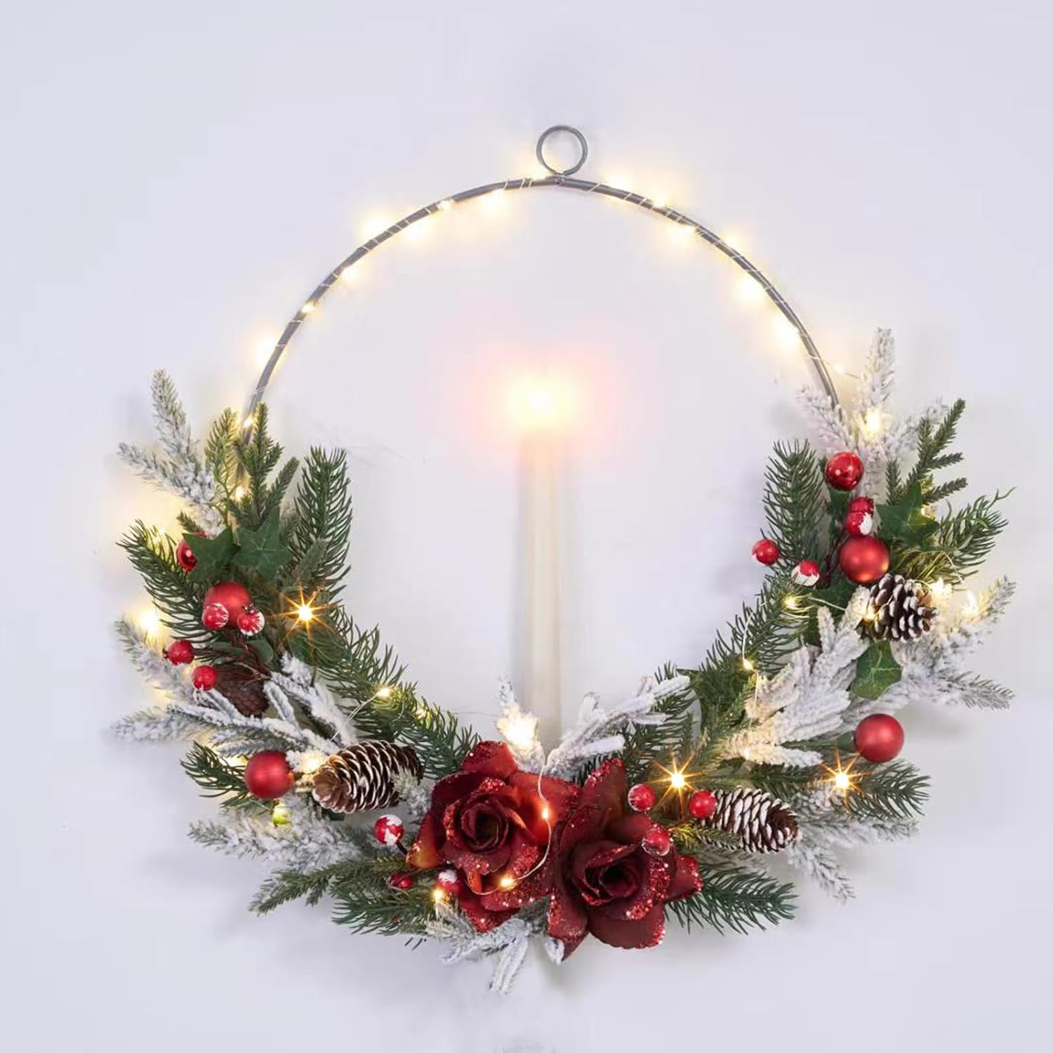 Wreaths, Garlands & Swags - prelit Christmas Hoop Wreath with flameless Candle,Farmhouse Lighted Winter Wreath,16inch Merry and Bright Christmas Wreath for Front Door,red White Front Porch Decor,Modern Mantel Decoration Gift