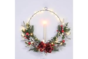 VOFULY prelit Christmas Hoop Wreath with flameless Candle,Farmhouse Lighted Winter Wreath,16inch Merry and Bright Christmas Wreath for Front Door,red White Front Porch Decor,Modern Mantel Decoration Gift