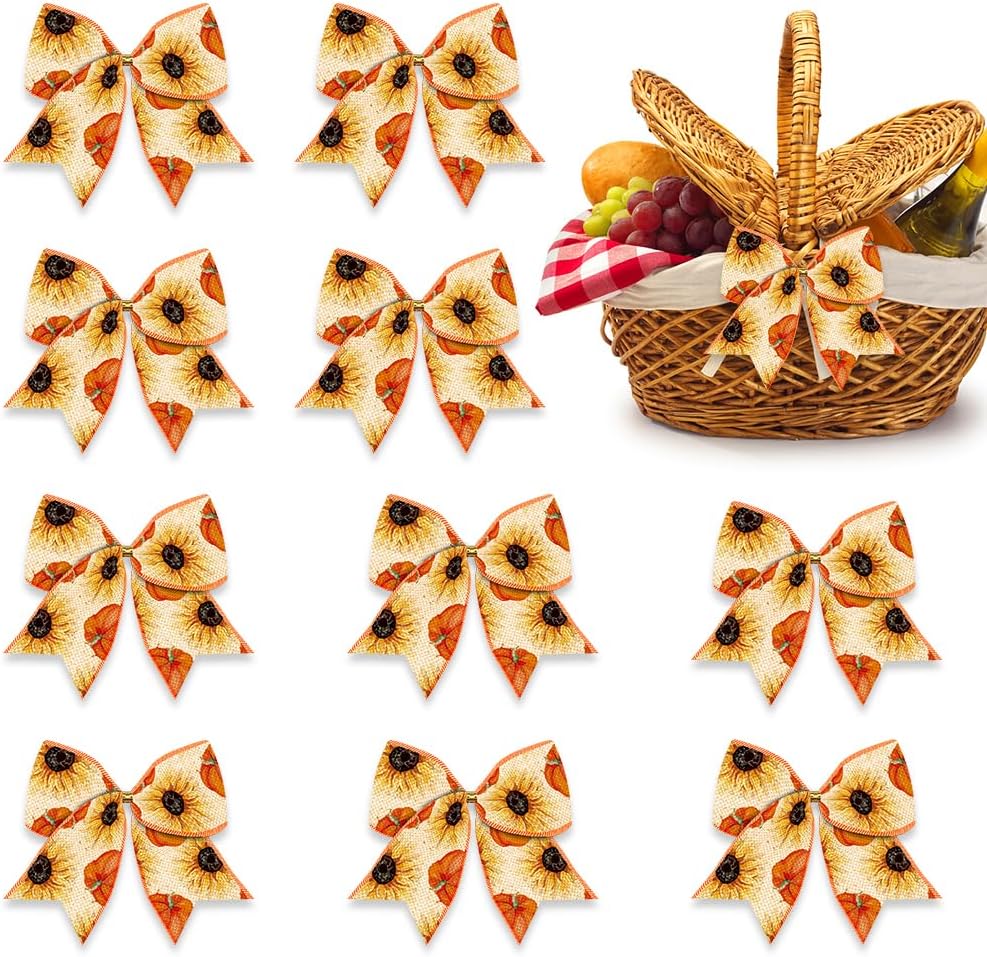Bows & Ribbons - 10PCS Fall Wreath Bows Thanksgiving Bows Pumpkin Sunflowers Rustic Farmhouse Burlap Bows for Wreath, Autumn Ribbon Bows for Thanksgiving Party Home Indoor Outdoor Decoration Wreath Ornament Supplies