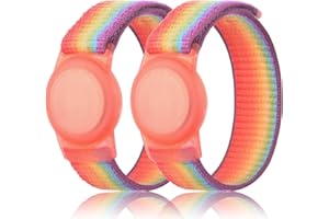 QONUIY Kids Wristband Compatible with Apple AirTag, Protective Case for Air Tag GPS Tracker Holder with Nylon Bracelet, Adjustable Anti Lost Watch Band for Toddler Child Elder(2PacksRainbowB)