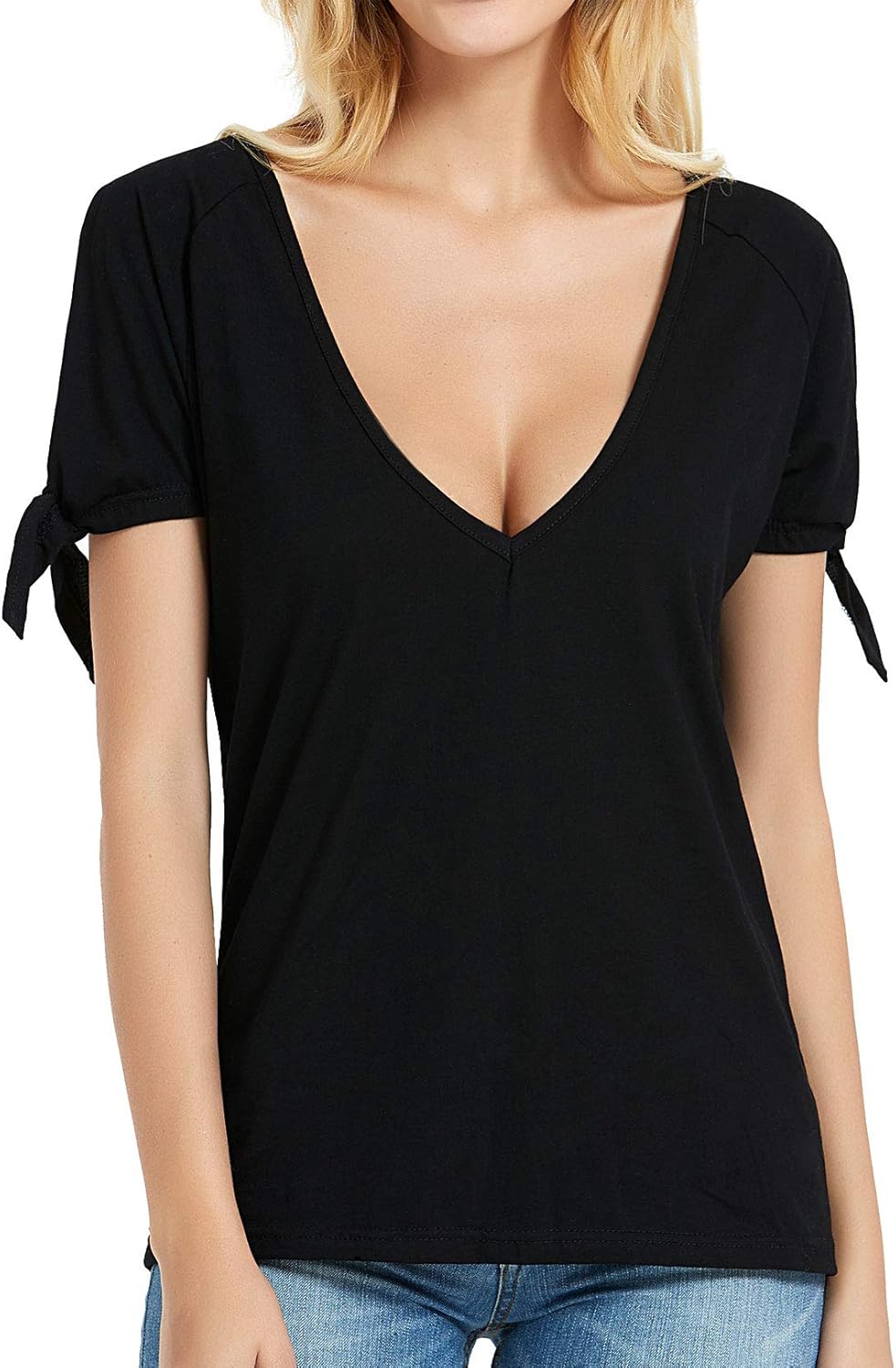 Buy Deep V Neck T Shirts Women Low Cut Tee Top Ladies Short Sleeve Loose Black Xl At Amazon In