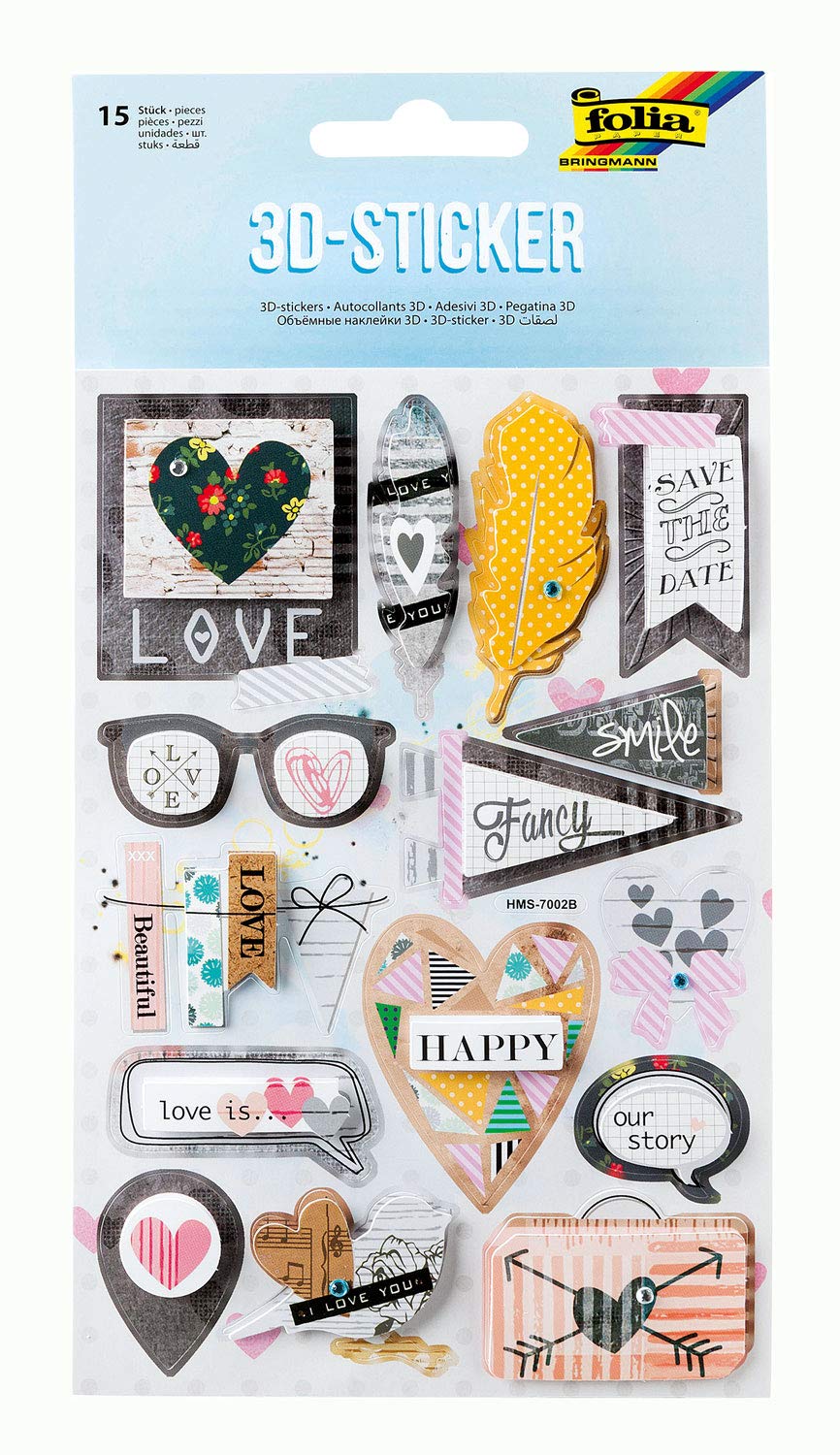 folia 19902-3D Sticker II, 3D Paper Stickers, Pack of 15, Ideal for Embellishing Cards, Crafts and Scrapbooking