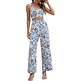Floerns Women's 2 Piece Summer Outfit Floral Print Knot Shoulder Zip Back Crop Cami Top and Maxi Pants Set