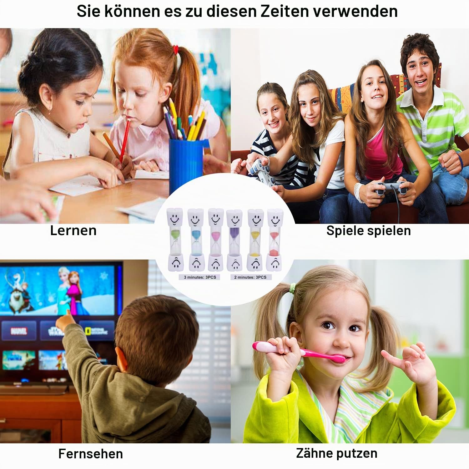 6 Stück Sanduhr Zähneputzen Kinder, Bunte Sanduhr Timer, Kleine Sanduhren 3 Minuten/2 Minuten, Zahnputzuhr Glas mit Smile, Farbige Sanduhren Set für Kinder 4