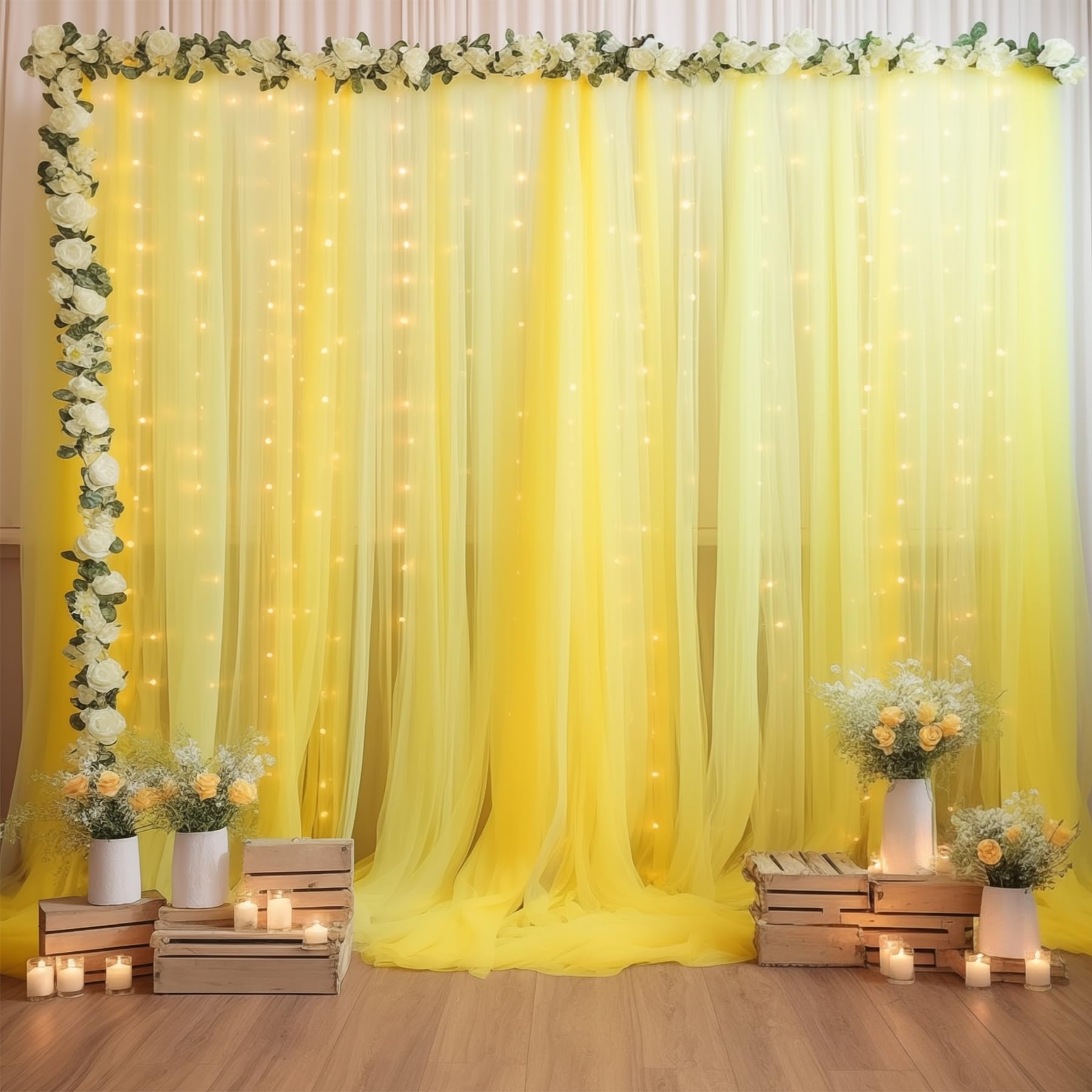Photo 1 of 10×10ft Yellow Tulle Backdrop Curtain with Lights String for Parties, Sheer Curtain Backdrop Drapes for Wedding Party Photography Background