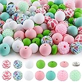 Sunrony 118Pcs Mixed Pink White Green Acrylic Rhinestone Spacer Print Silicone Beads for Keychain Making and Necklace Bracelet, Bulk 12mm 15mm Silicone Beads for Pens Crafts